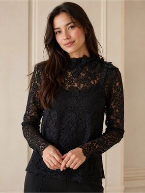 J.Crew Black Lace Bow‎ Detail Top Size 2 Sheer Romantic Gothic Chic Luxe NWOT